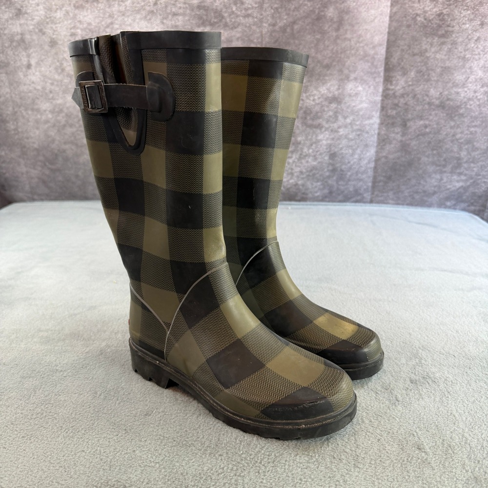 Chooka Womens Buffalo Check Rain Boots Olive Black Plaid Tall Rubber Size 7